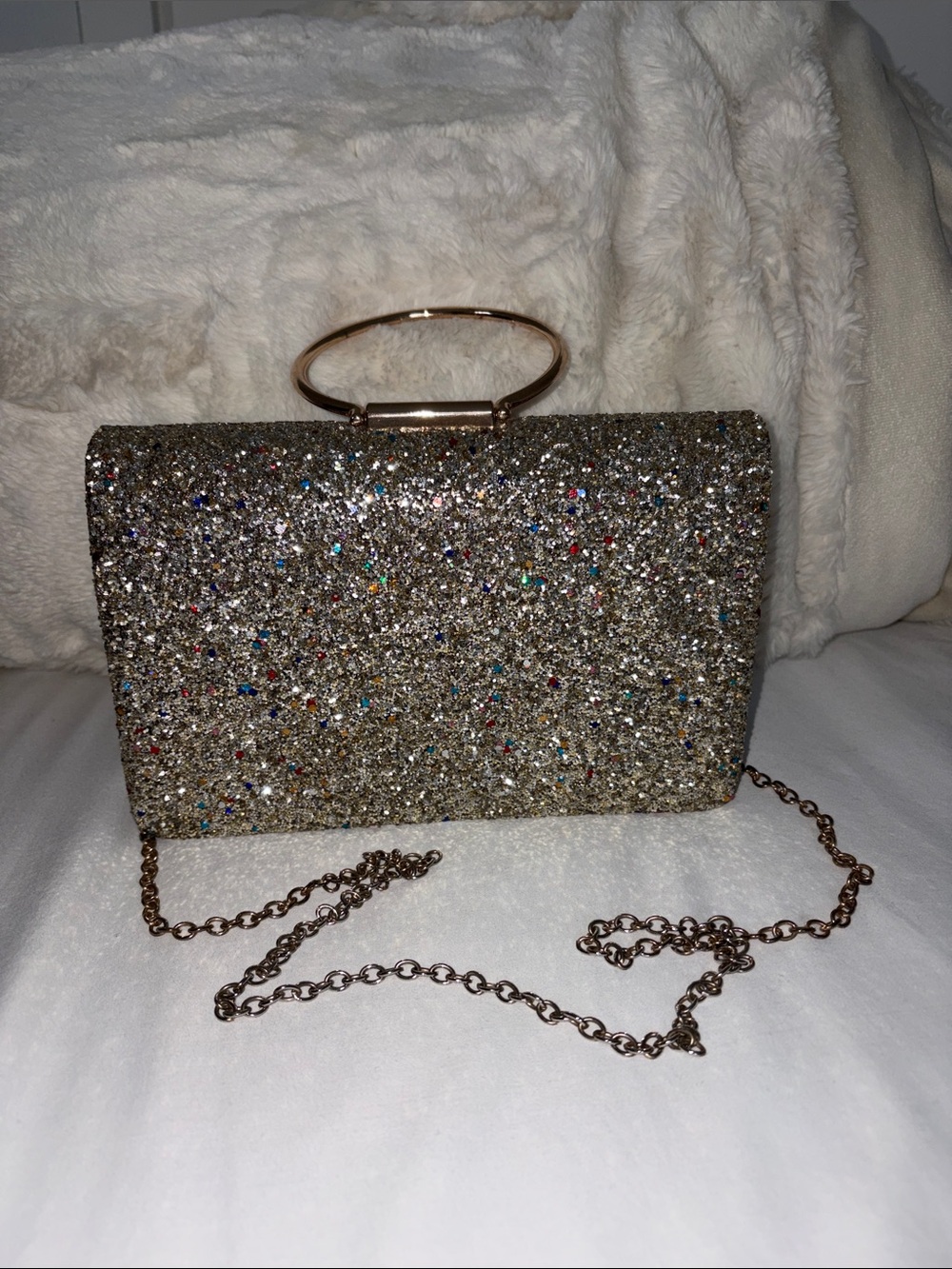 Gold Glitter Ring-Handle Clutch with Multicolor Sparkle wedding/formal/night